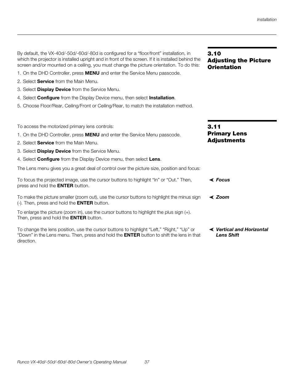 10 adjusting the picture orientation, 11 primary lens adjustments, Focus | Zoom, Vertical and horizontal lens shift, Adjusting the picture orientation, Primary lens adjustments, Pre l iminar y | Runco VX-40d User Manual | Page 49 / 108