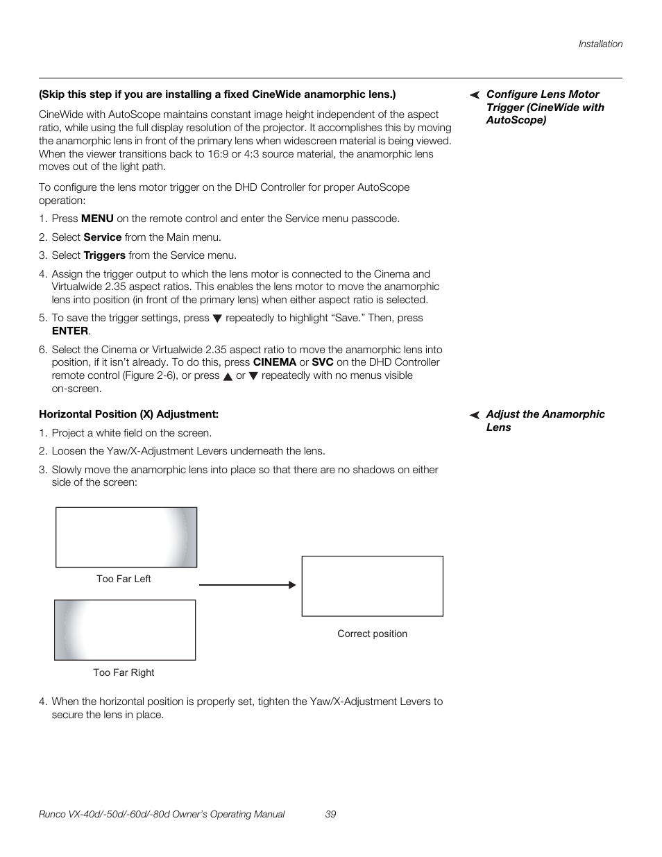 Adjust the anamorphic lens, Horizontal position (x) adjustment, Pre l iminar y | Runco VX-40d User Manual | Page 51 / 108