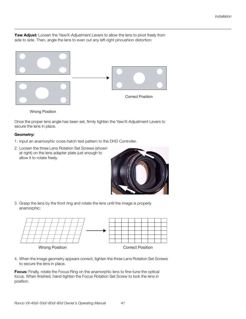 Yaw adjust, Geometry, Focus | Pre l iminar y | Runco VX-40d User Manual | Page 53 / 108