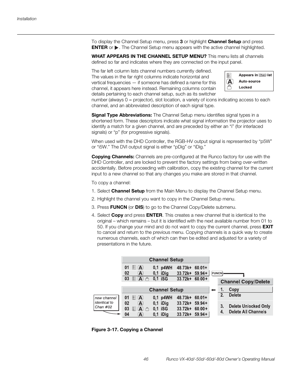 Signal type abbreviations, Copying channels, Figure 3-17 . copying a channel | 17. copying a channel, Pre l iminar y | Runco VX-40d User Manual | Page 58 / 108