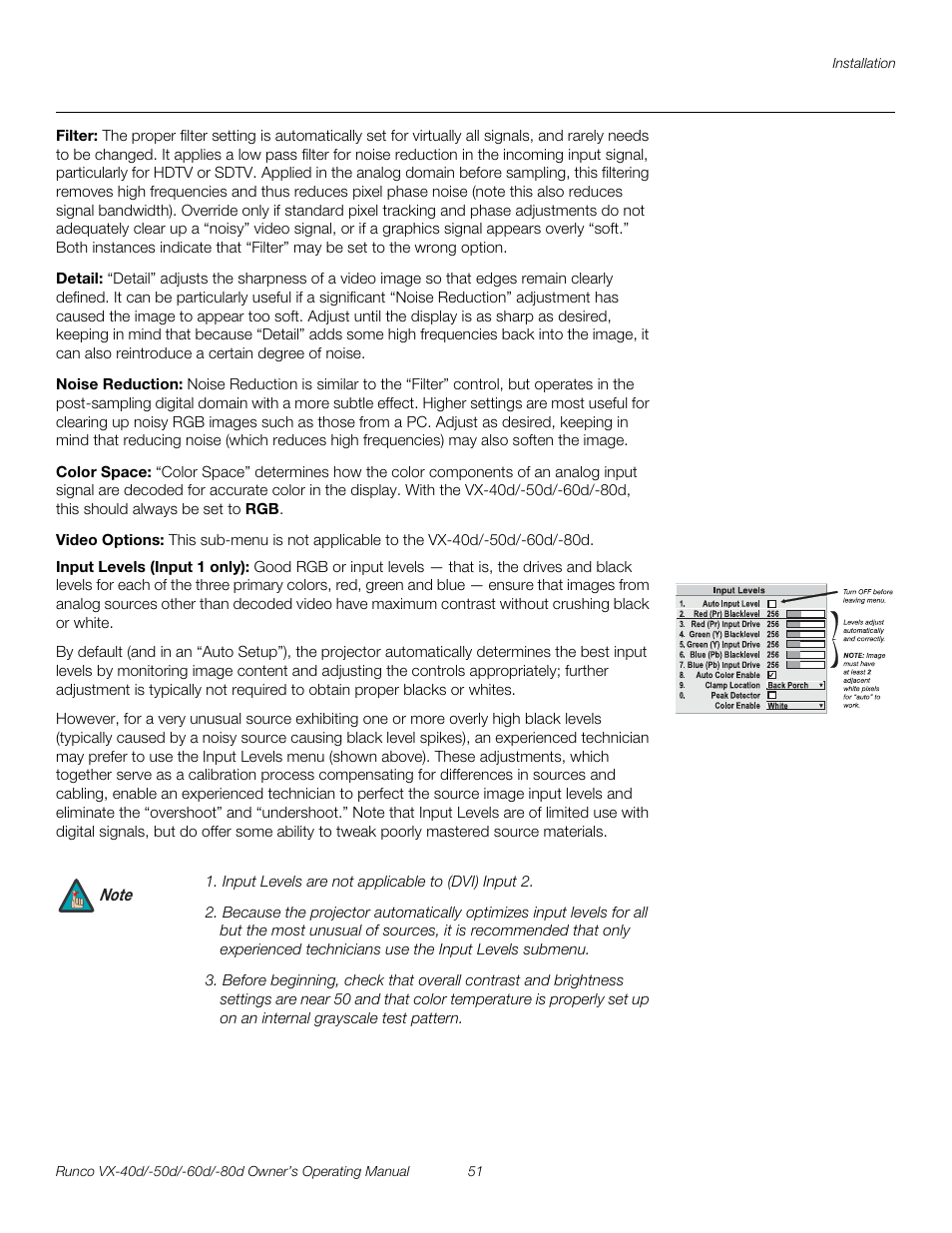 Filter, Detail, Noise reduction | Color space, Video options, Input levels (input 1 only), Pre l iminar y | Runco VX-40d User Manual | Page 63 / 108