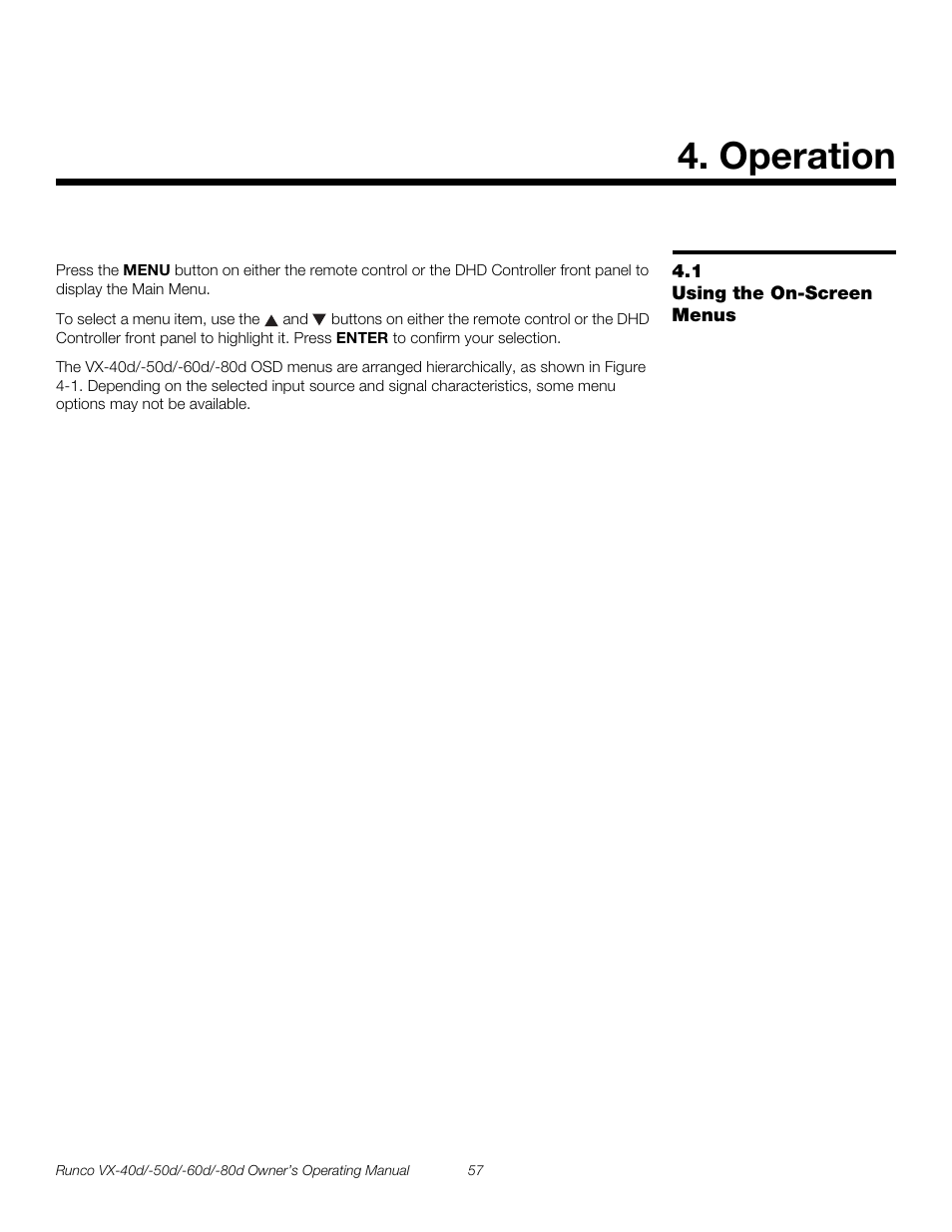 Operation, 1 using the on-screen menus, Using the on-screen menus | Pre l iminar y | Runco VX-40d User Manual | Page 69 / 108