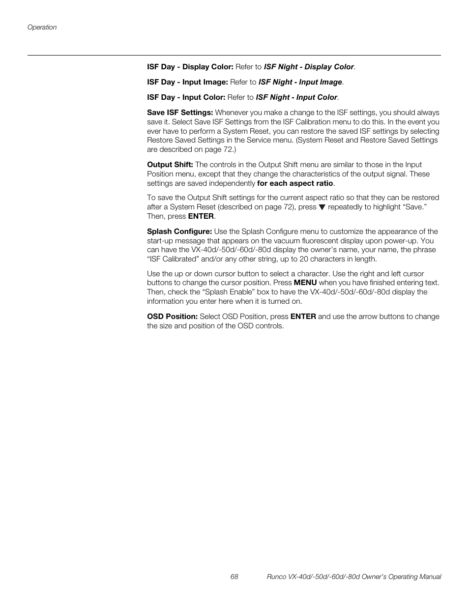 Isf day - display color, Isf day - input image, Isf day - input color | Save isf settings, Output shift, Splash configure, Osd position, Pre l iminar y | Runco VX-40d User Manual | Page 80 / 108