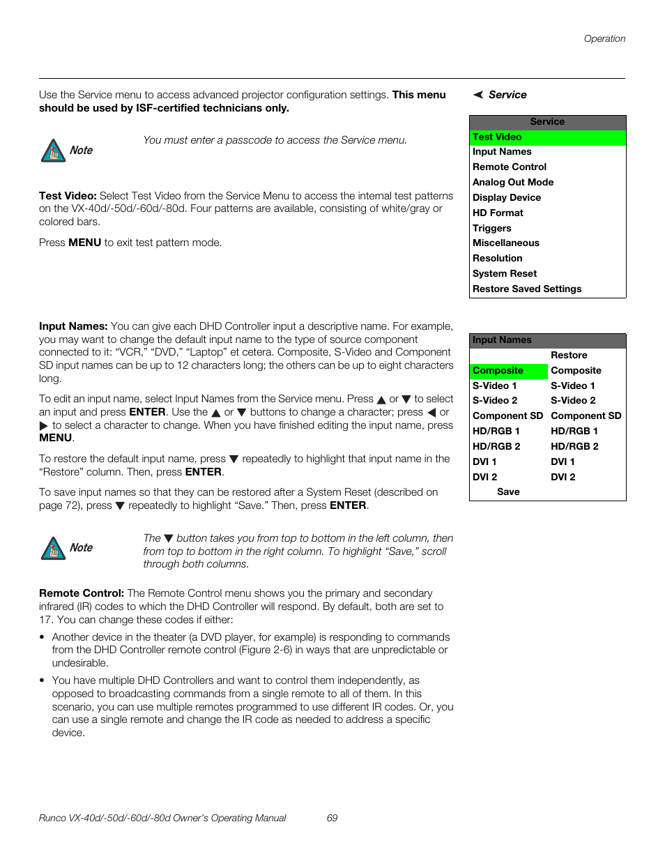 Service, Test video, Input names | Remote control, Pre l iminar y | Runco VX-40d User Manual | Page 81 / 108