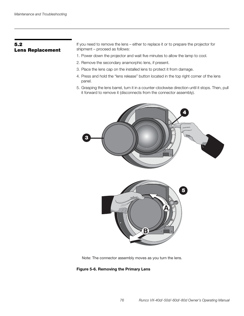 2 lens replacement, Figure 5-6 . removing the primary lens, Lens replacement | 6. removing the primary lens, Pre l iminar y | Runco VX-40d User Manual | Page 88 / 108