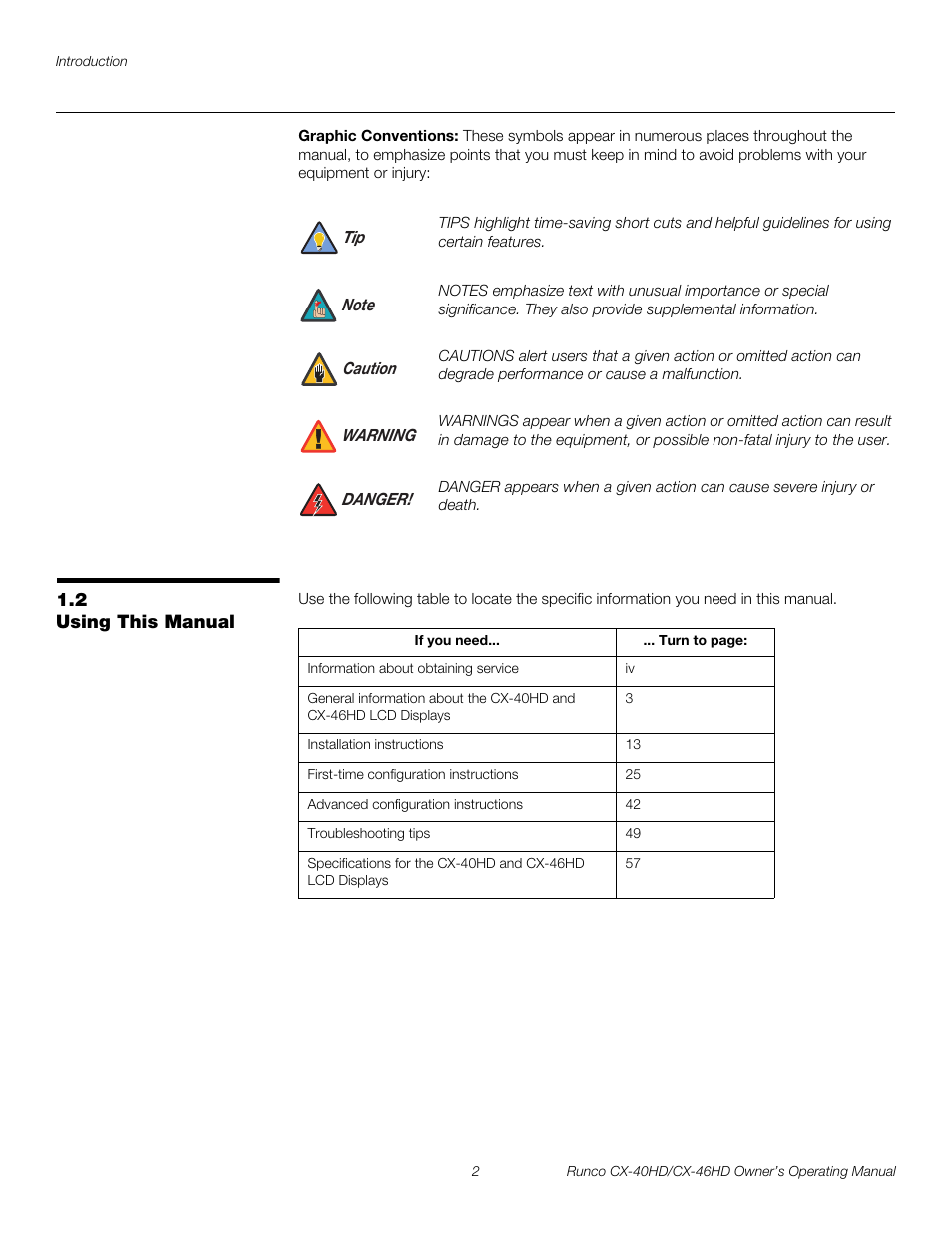 Graphic conventions, 2 using this manual, Using this manual | Pre l iminar y | Runco CX-40HD User Manual | Page 12 / 74