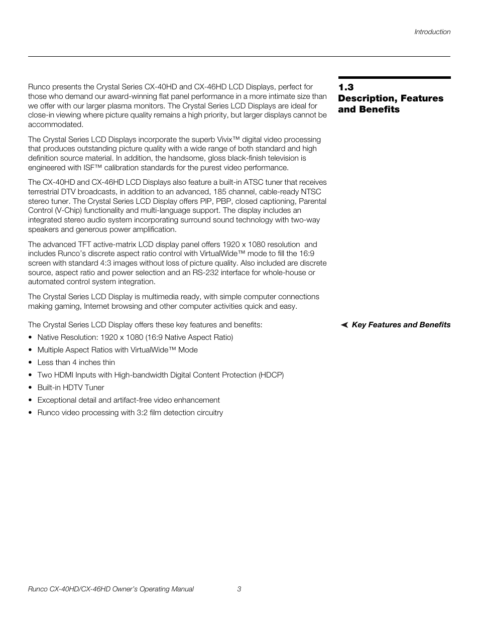 3 description, features and benefits, Key features and benefits, Description, features and benefits | Pre l iminar y | Runco CX-40HD User Manual | Page 13 / 74