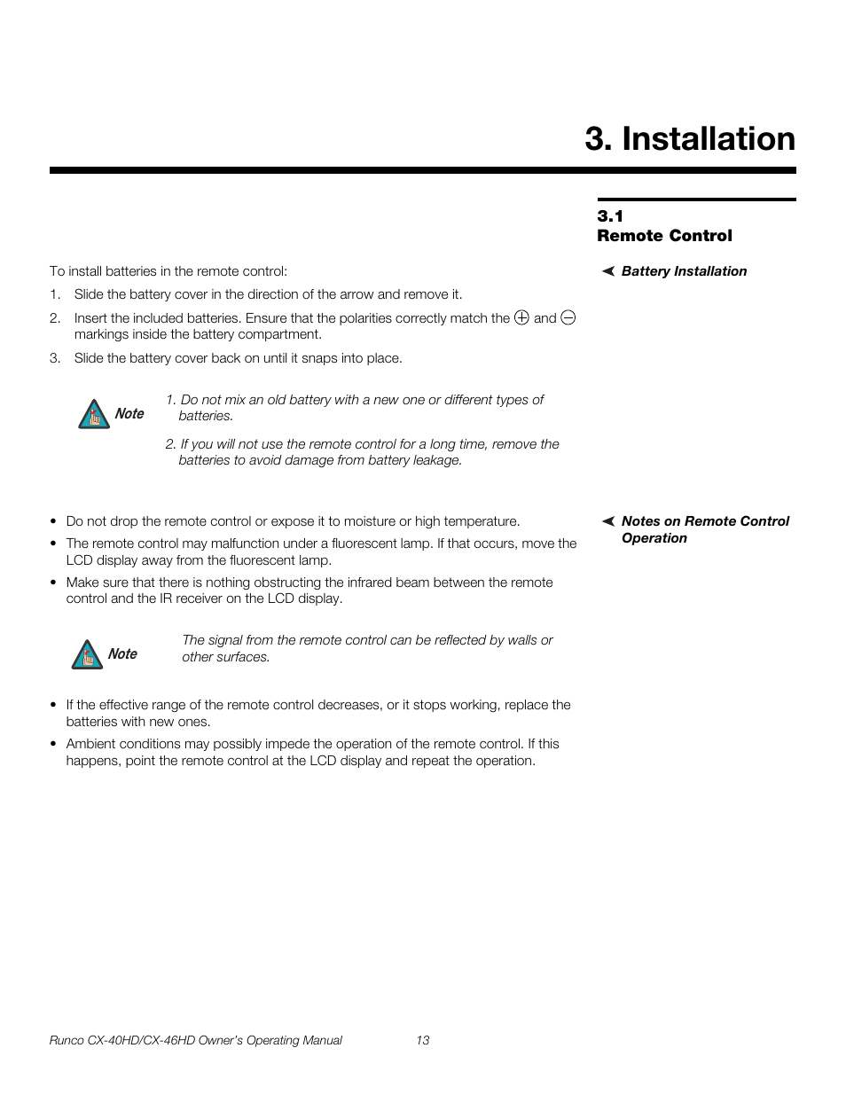 Installation, 1 remote control, Battery installation | Notes on remote control operation, Remote control, Pre l iminar y | Runco CX-40HD User Manual | Page 23 / 74