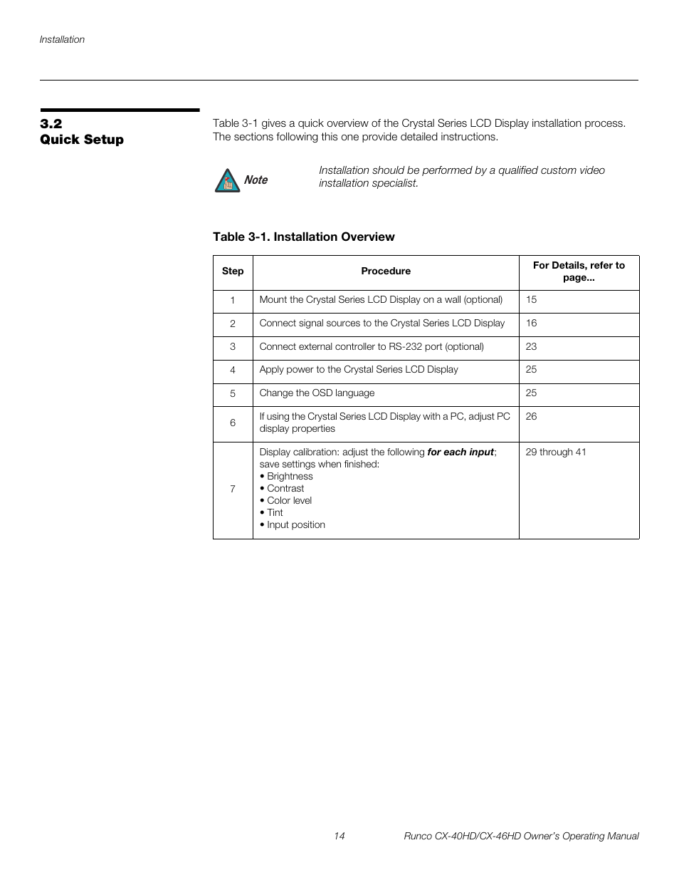 2 quick setup, Table 3-1 . installation overview, Quick setup | Pre l iminar y | Runco CX-40HD User Manual | Page 24 / 74