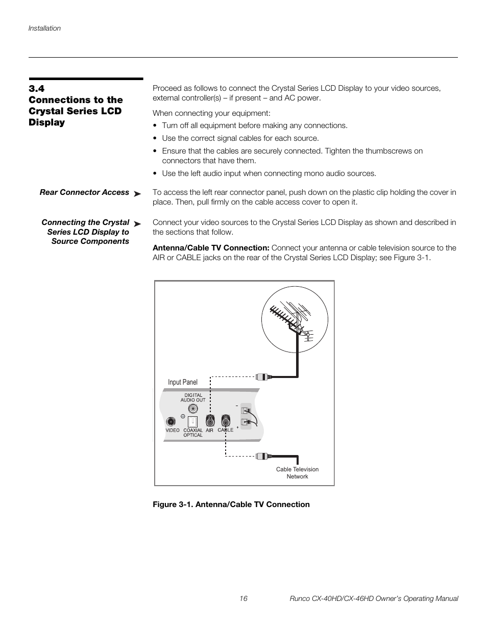 4 connections to the crystal series lcd display, Rear connector access, Antenna/cable tv connection | Figure 3-1 . antenna/cable tv connection, Connections to the crystal series lcd display, 1. antenna/cable tv connection, Pre l iminar y | Runco CX-40HD User Manual | Page 26 / 74