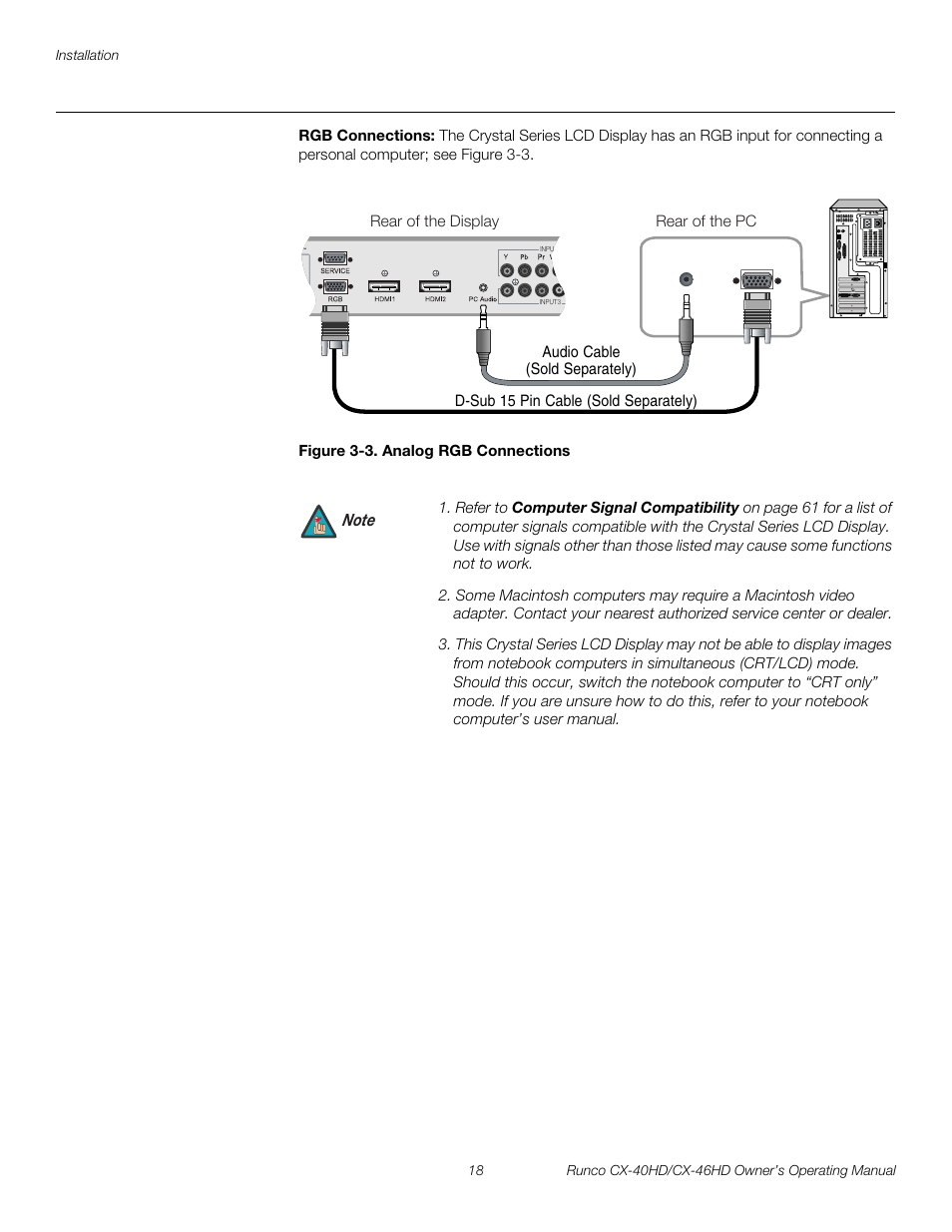 Rgb connections, Figure 3-3 . analog rgb connections, 3. analog rgb connections | Pre l iminar y | Runco CX-40HD User Manual | Page 28 / 74