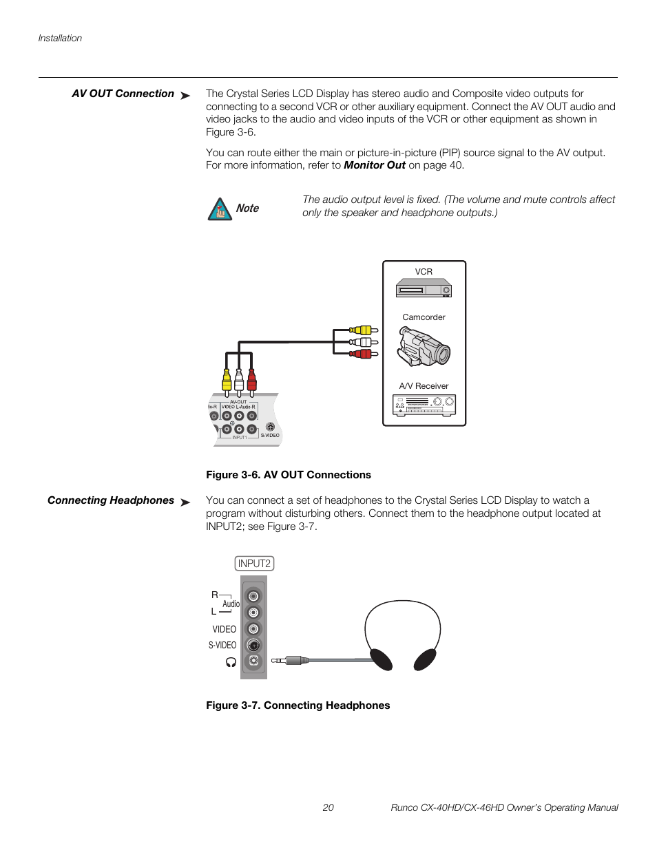 Av out connection, Figure 3-6 . av out connections, Connecting headphones | Figure 3-7 . connecting headphones, 6. av out connections, 7. connecting headphones, Pre l iminar y | Runco CX-40HD User Manual | Page 30 / 74