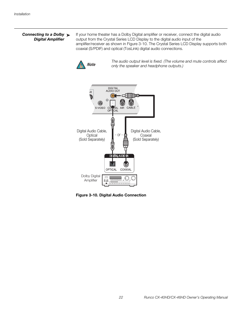 Connecting to a dolby digital amplifier, Figure 3-10 . digital audio connection, 10. digital audio connection | Pre l iminar y | Runco CX-40HD User Manual | Page 32 / 74