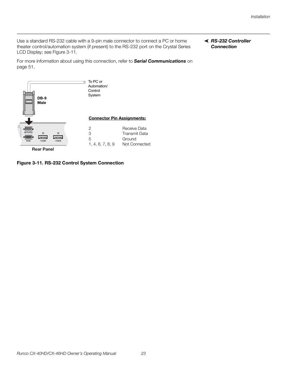 Rs-232 controller connection, Figure 3-11 . rs-232 control system connection, Iminar | 11. rs-232 control system connection, Pre l iminar y | Runco CX-40HD User Manual | Page 33 / 74