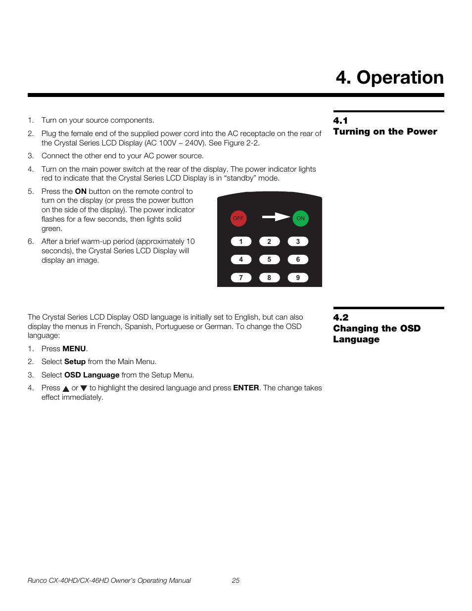 Operation, 1 turning on the power, 2 changing the osd language | Turning on the power, Changing the osd language, Pre l iminar y | Runco CX-40HD User Manual | Page 35 / 74