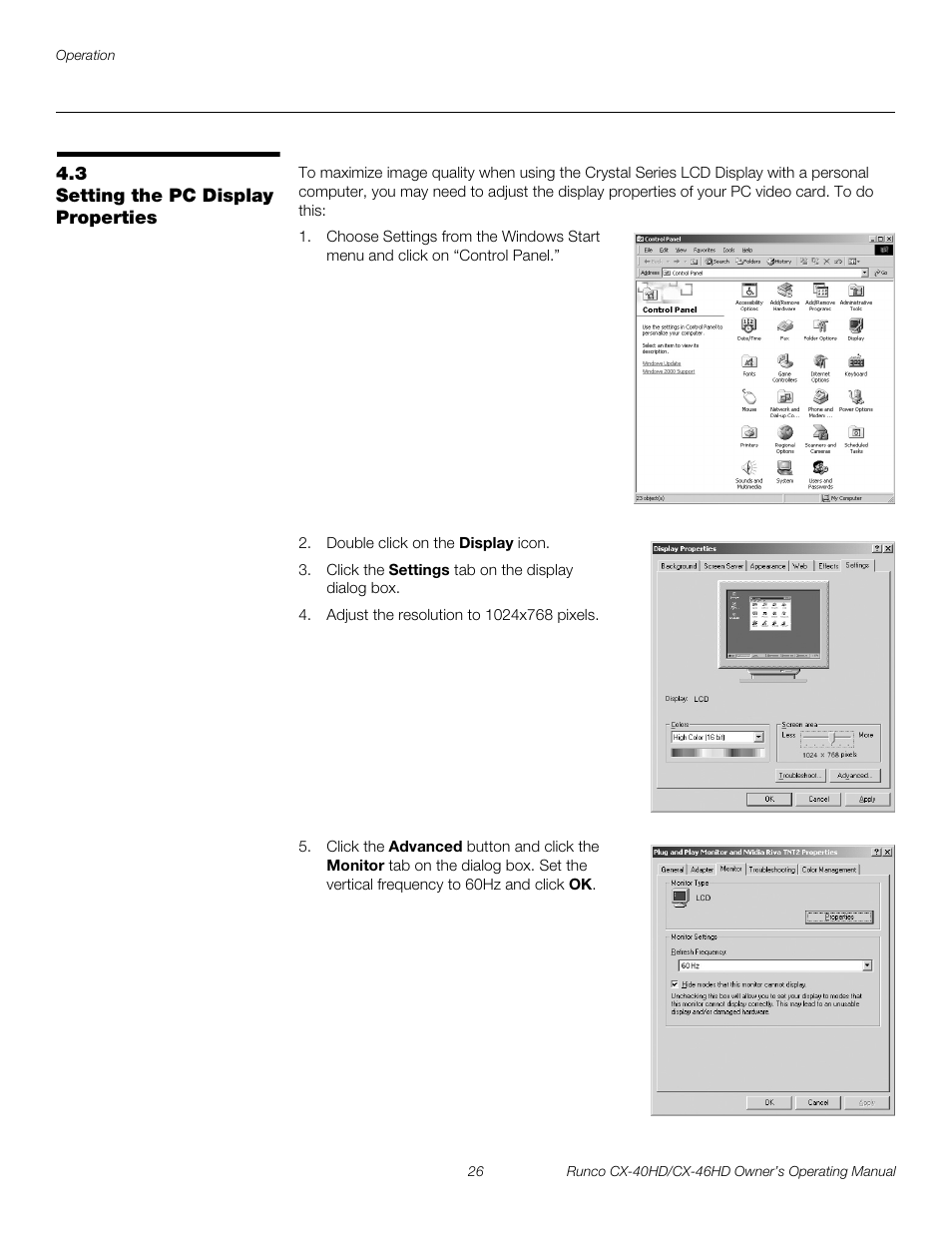 3 setting the pc display properties, Setting the pc display properties, Pre l iminar y | Runco CX-40HD User Manual | Page 36 / 74