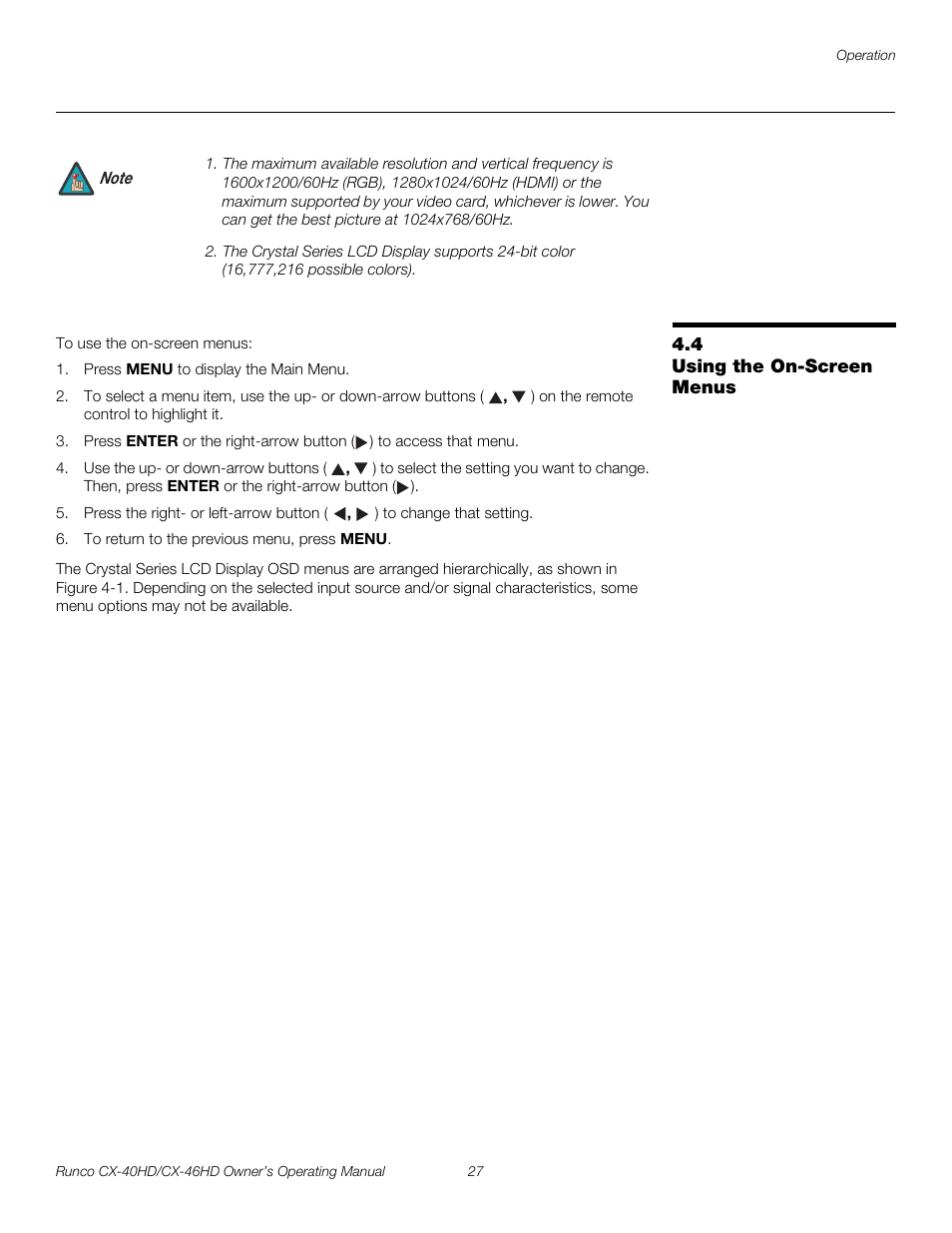 4 using the on-screen menus, Using the on-screen menus, Pre l iminar y | Runco CX-40HD User Manual | Page 37 / 74
