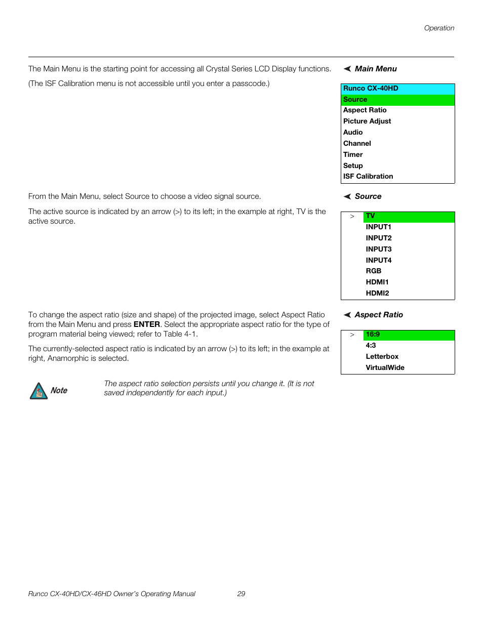 Main menu, Source, Aspect ratio | Pre l iminar y | Runco CX-40HD User Manual | Page 39 / 74