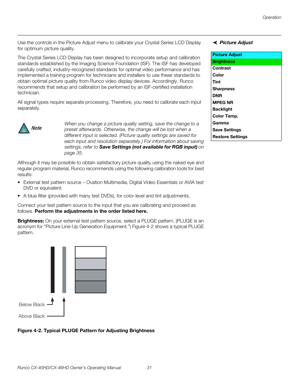 Picture adjust, Brightness, 2. typical pluge pattern for adjusting brightness | Pre l iminar y | Runco CX-40HD User Manual | Page 41 / 74