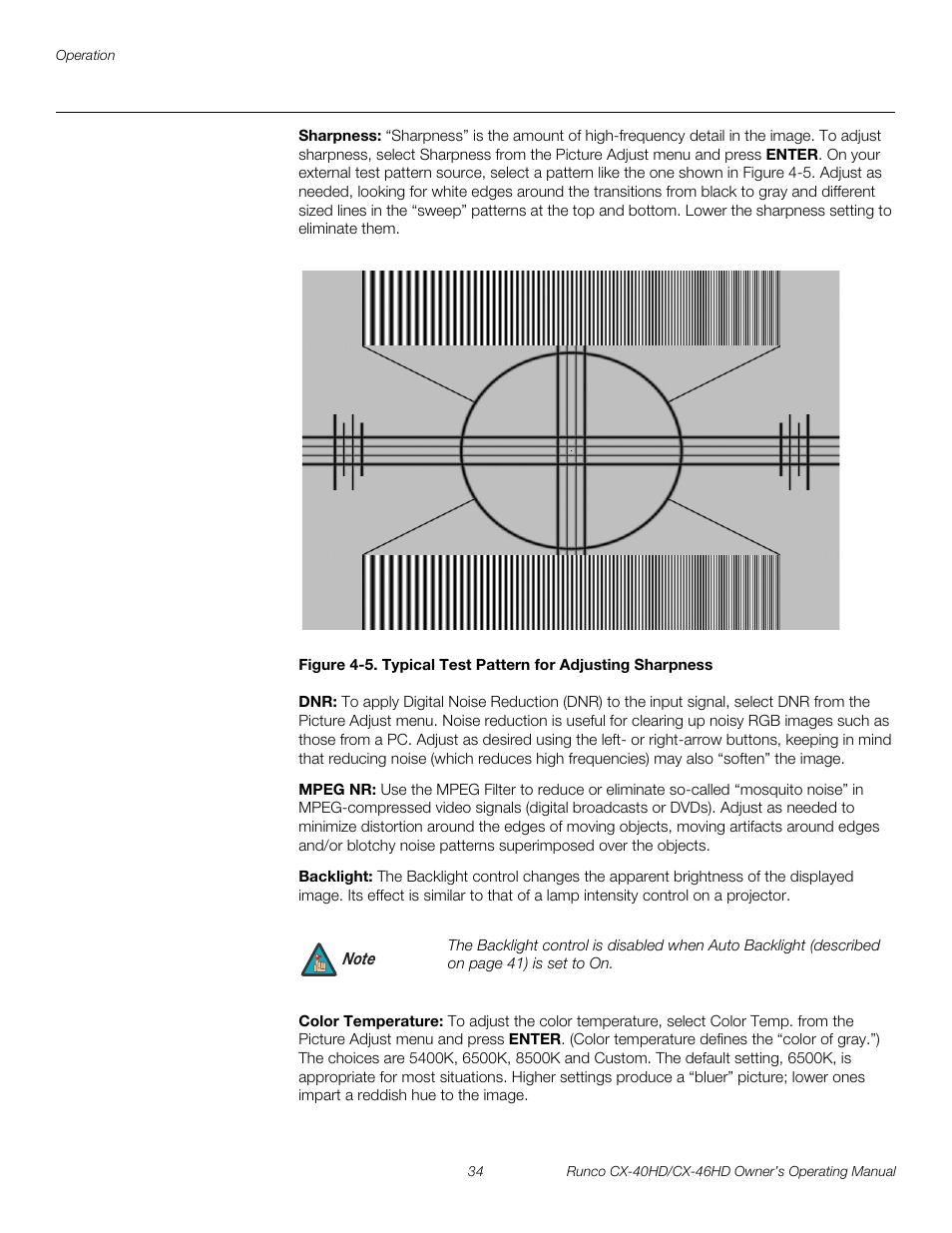 Sharpness, Mpeg nr, Backlight | Color temperature, 5. typical test pattern for adjusting sharpness, Pre l iminar y | Runco CX-40HD User Manual | Page 44 / 74