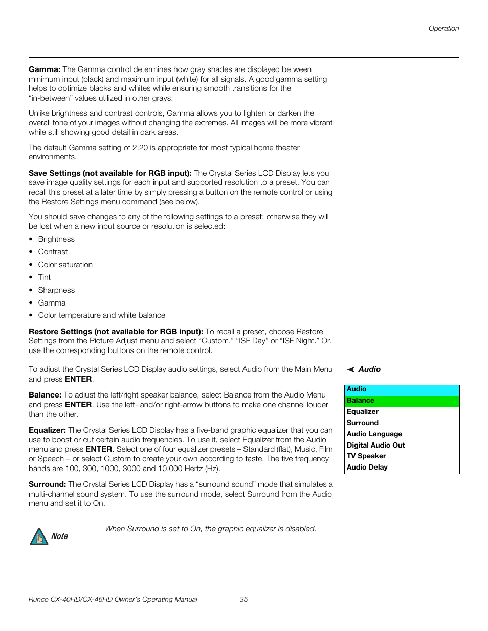 Gamma, Save settings (not available for rgb input), Restore settings (not available for rgb input) | Audio, Balance, Equalizer, Surround, Pre l iminar y | Runco CX-40HD User Manual | Page 45 / 74