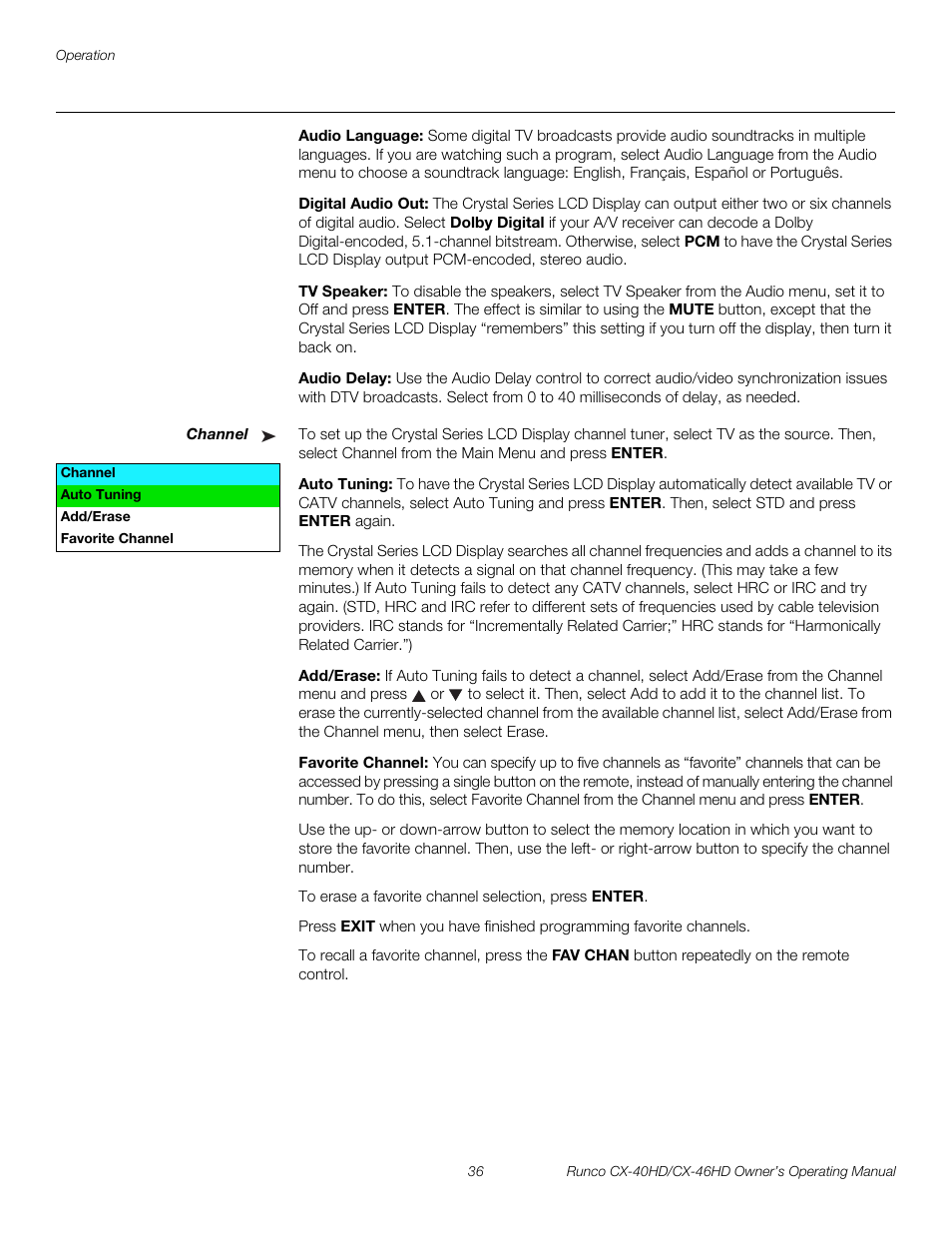 Audio language, Digital audio out, Tv speaker | Audio delay, Channel, Auto tuning, Add/erase, Favorite channel, Pre l iminar y | Runco CX-40HD User Manual | Page 46 / 74