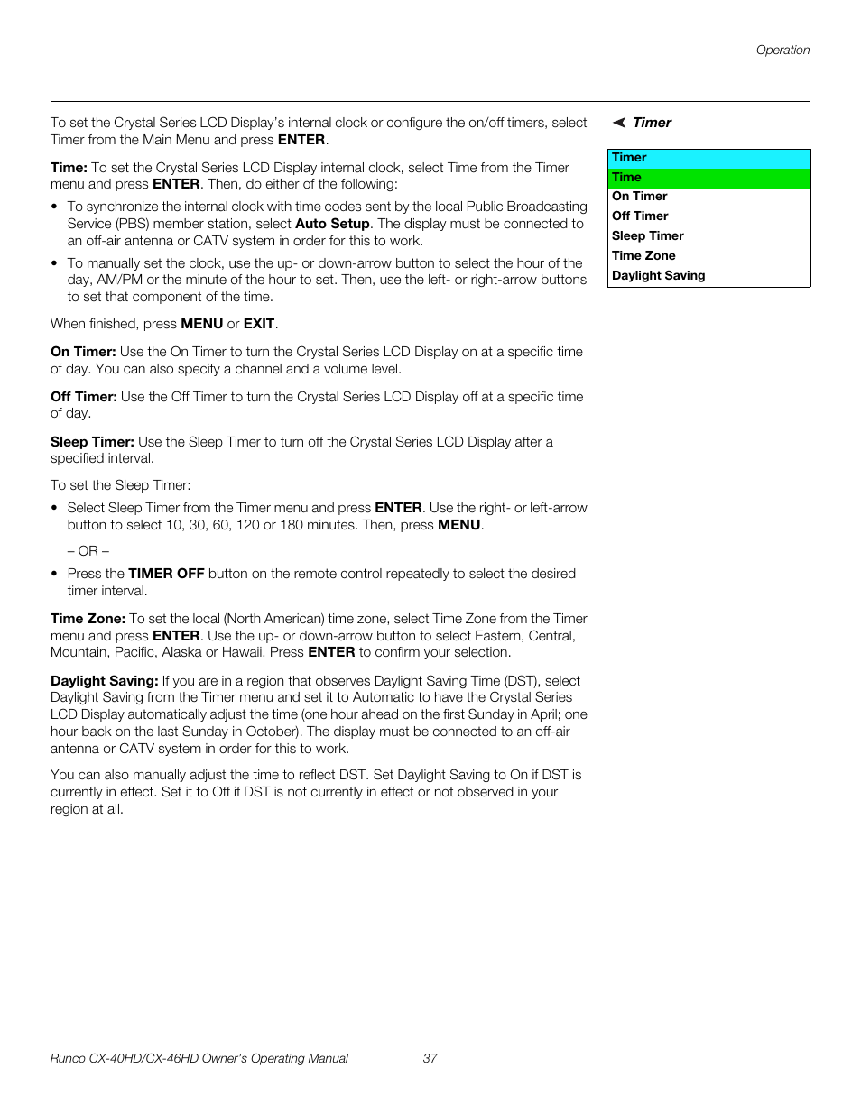 Timer, Time, On timer | Off timer, Sleep timer, Time zone, Daylight saving, Pre l iminar y | Runco CX-40HD User Manual | Page 47 / 74