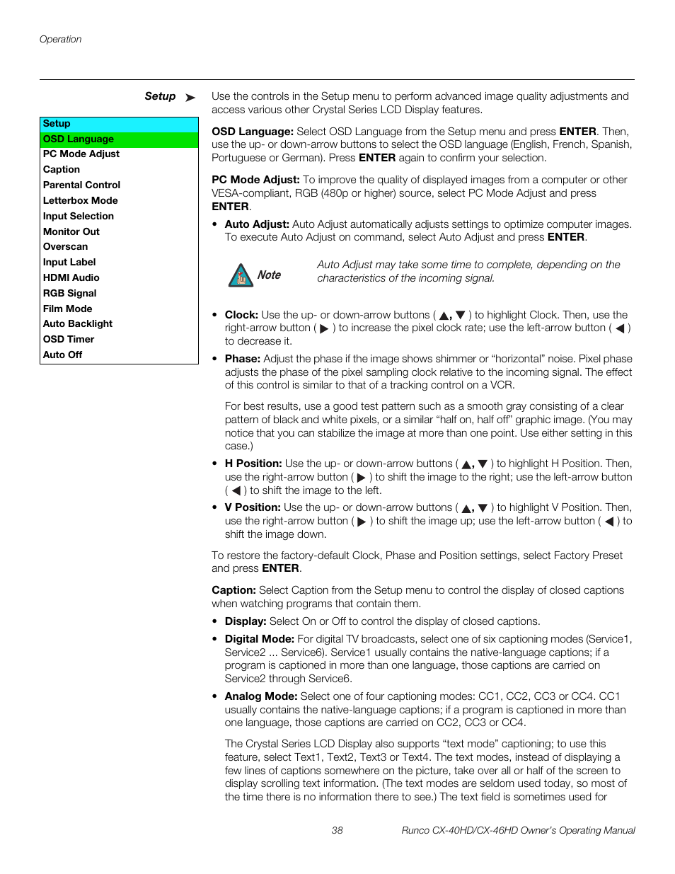 Setup, Osd language, Pc mode adjust | Caption, Pre l iminar y | Runco CX-40HD User Manual | Page 48 / 74