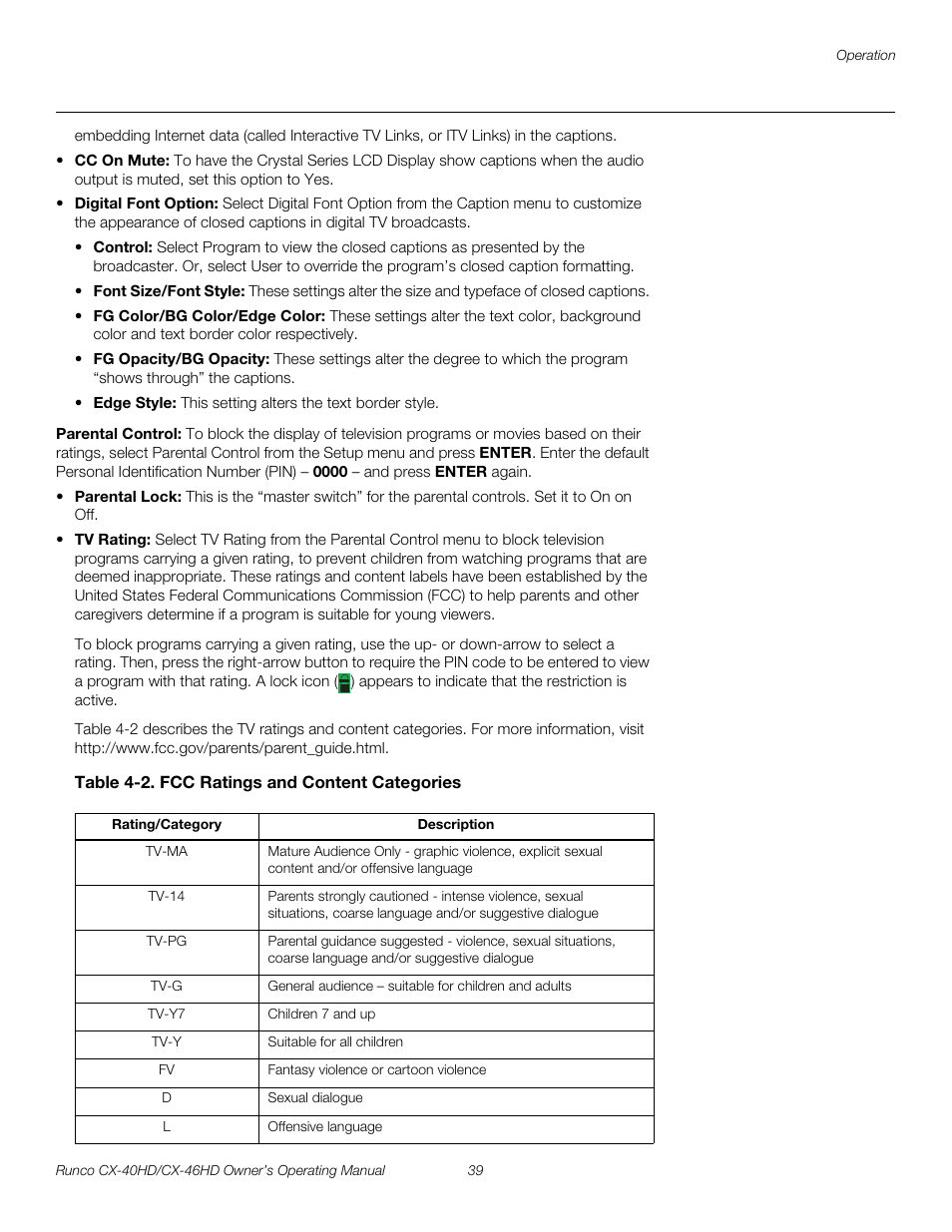 Parental control, Table 4-2 . fcc ratings and content categories, Pre l iminar y | Runco CX-40HD User Manual | Page 49 / 74