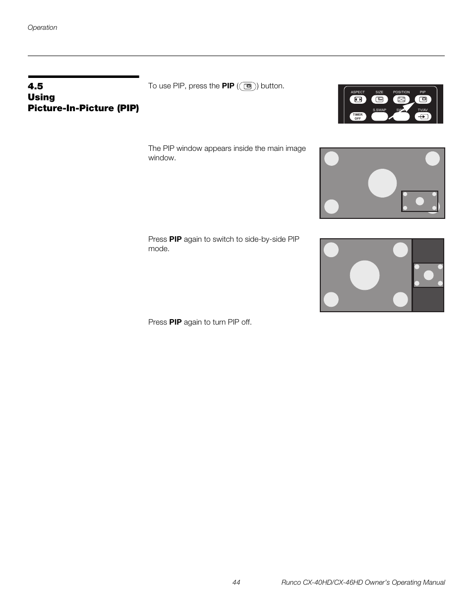 5 using picture-in-picture (pip), Using picture-in-picture (pip), Pre l iminar y | Runco CX-40HD User Manual | Page 54 / 74