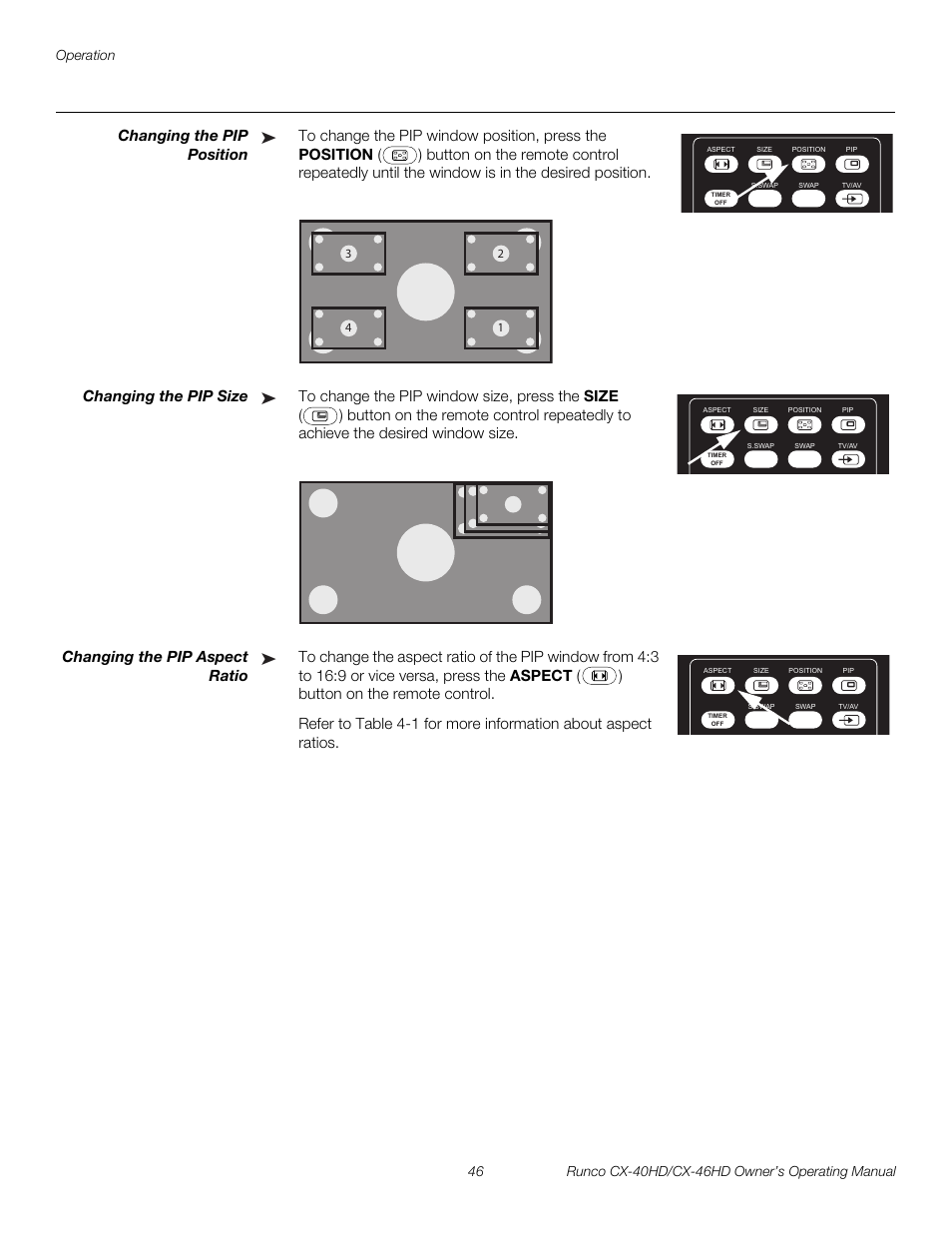 Changing the pip position, Changing the pip size, Changing the pip aspect ratio | Iminar, Pre l iminar y | Runco CX-40HD User Manual | Page 56 / 74