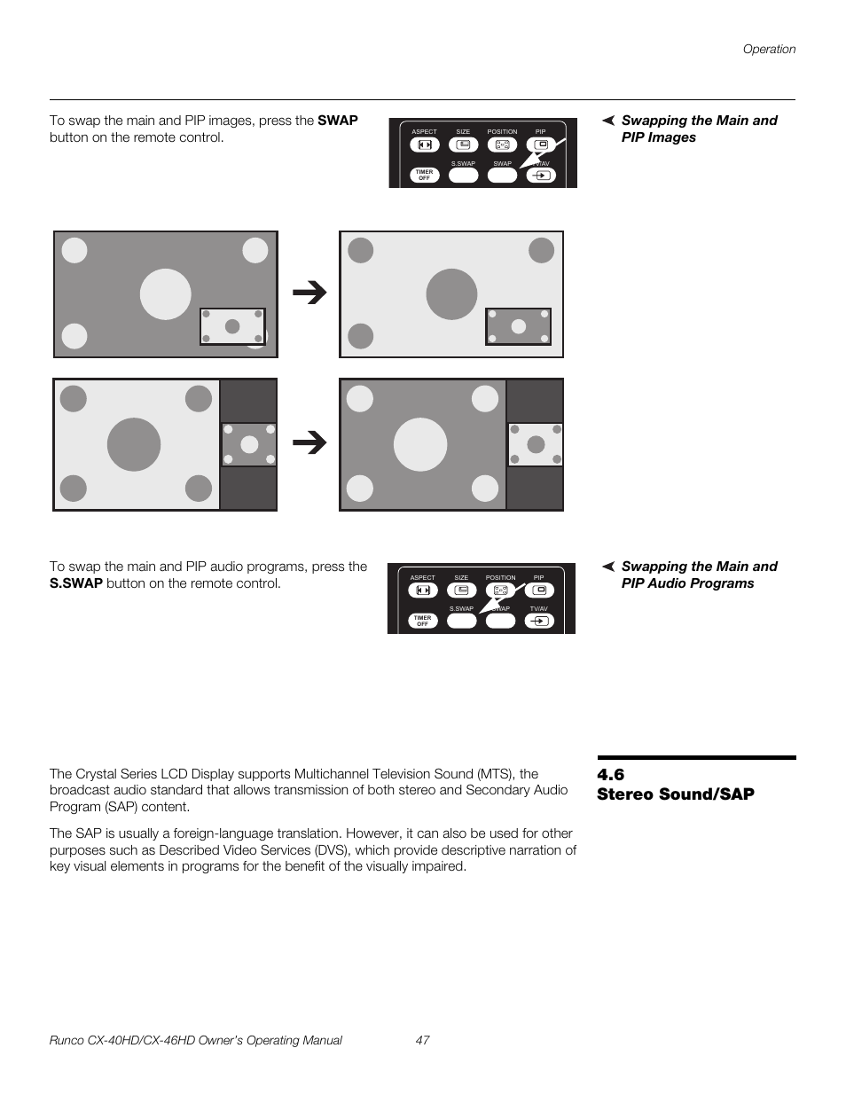 Swapping the main and pip images, Swapping the main and pip audio programs, 6 stereo sound/sap | Stereo sound/sap, Pre l iminar y | Runco CX-40HD User Manual | Page 57 / 74