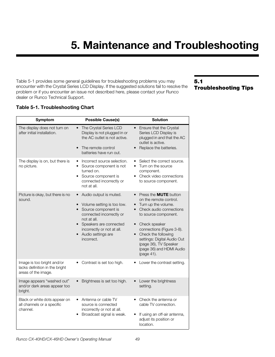 Maintenance and troubleshooting, 1 troubleshooting tips, Table 5-1 . troubleshooting chart | Troubleshooting tips, Pre l iminar y | Runco CX-40HD User Manual | Page 59 / 74