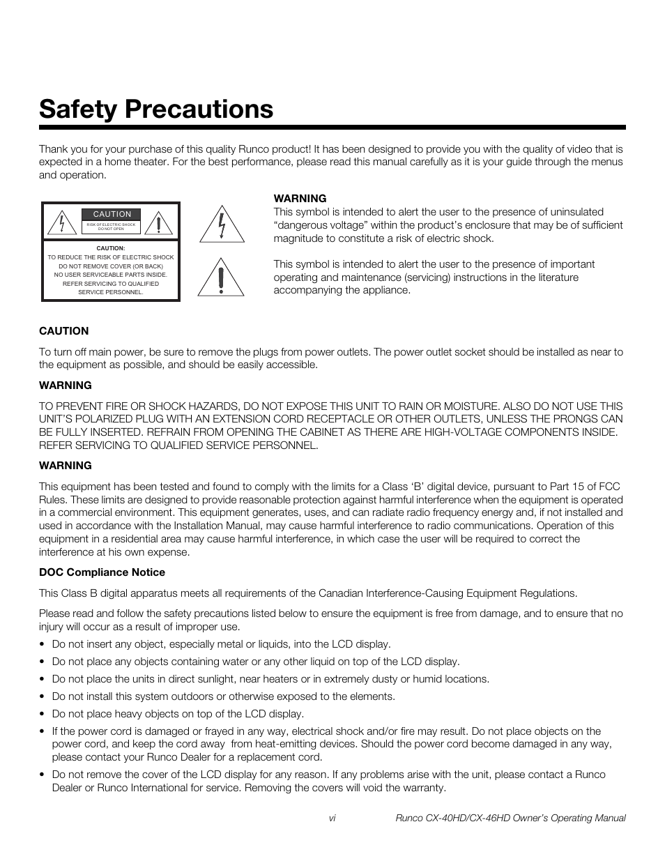 Safety precautions, Pre l iminar y | Runco CX-40HD User Manual | Page 6 / 74