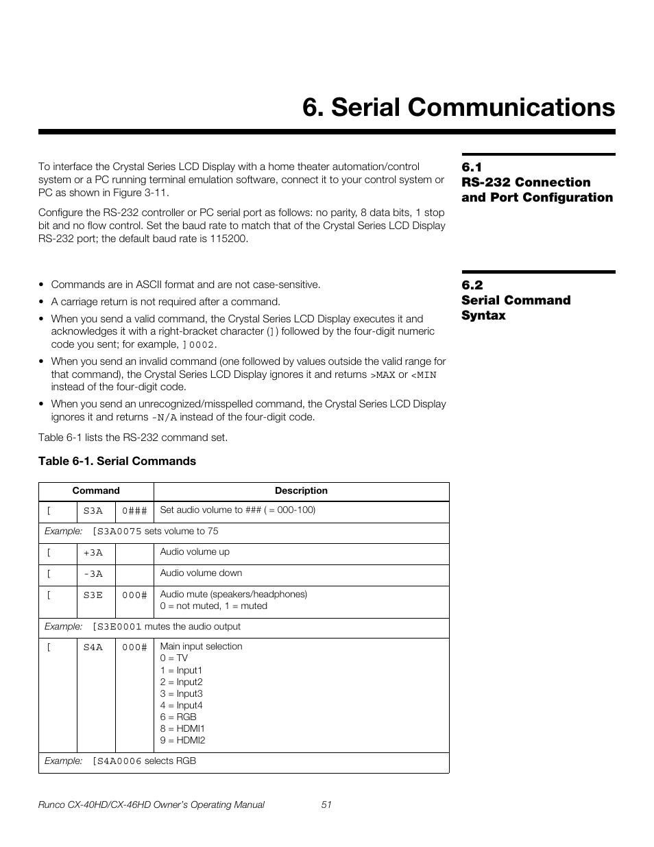 Serial communications, 1 rs-232 connection and port configuration, 2 serial command syntax | Table 6-1 . serial commands, Rs-232 connection and port configuration, Serial command syntax, Pre l iminar y | Runco CX-40HD User Manual | Page 61 / 74