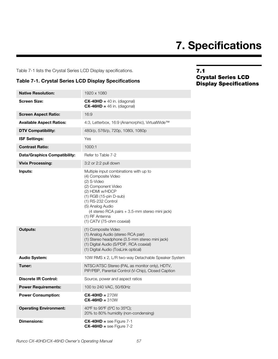 Specifications, 1 crystal series lcd display specifications, Crystal series lcd display specifications | Pre l iminar y | Runco CX-40HD User Manual | Page 67 / 74