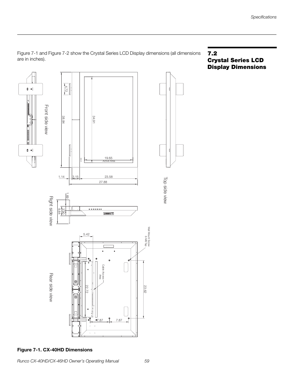 2 crystal series lcd display dimensions, Figure 7-1 . cx-40hd dimensions, Crystal series lcd display dimensions | 1. cx-40hd dimensions, E figure 7-1, Pre l iminar y | Runco CX-40HD User Manual | Page 69 / 74