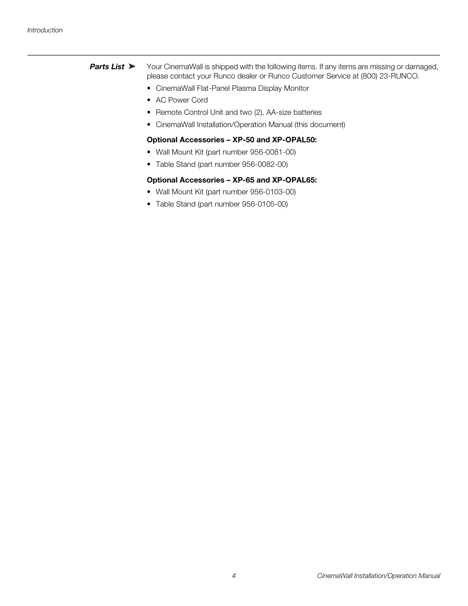Parts list, Optional accessories - xp-50 and xp-opal50, Optional accessories - xp-65 and xp-opal65 | Pre l iminar y | Runco CINEMAWALL XP-OPAL65 User Manual | Page 18 / 86