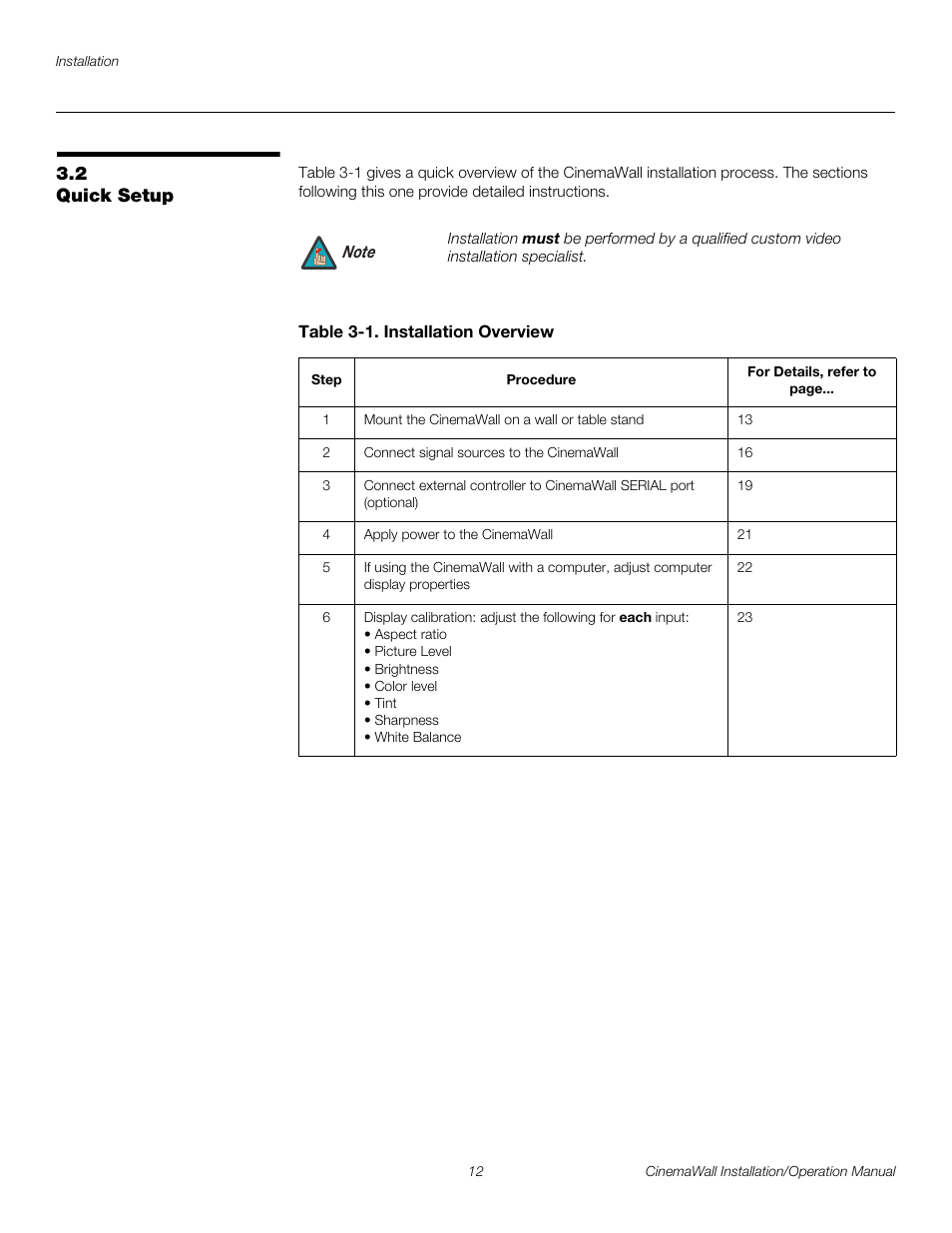 2 quick setup, Table 3-1 . installation overview, Quick setup | Pre l iminar y | Runco CINEMAWALL XP-OPAL65 User Manual | Page 26 / 86