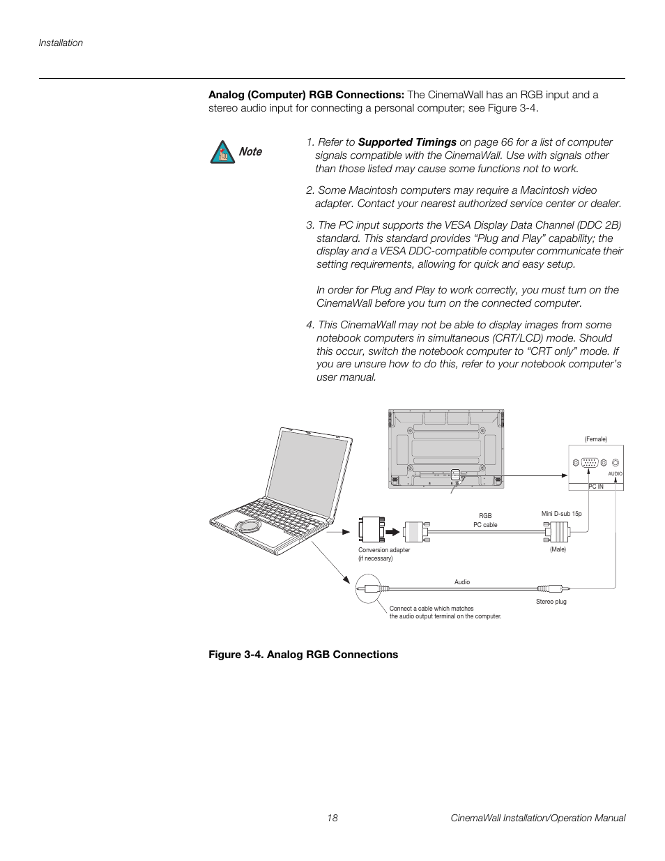 Analog (computer) rgb connections, Figure 3-4 . analog rgb connections, 4. analog rgb connections | Pre l iminar y | Runco CINEMAWALL XP-OPAL65 User Manual | Page 32 / 86