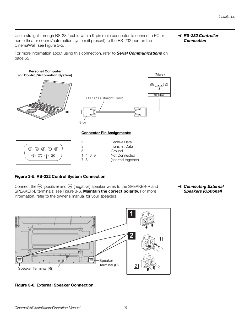 Rs-232 controller connection, Figure 3-5 . rs-232 control system connection, Connecting external speakers (optional) | Figure 3-6 . external speaker connection, 5. rs-232 control system connection, 6. external speaker connection, Pre l iminar y | Runco CINEMAWALL XP-OPAL65 User Manual | Page 33 / 86