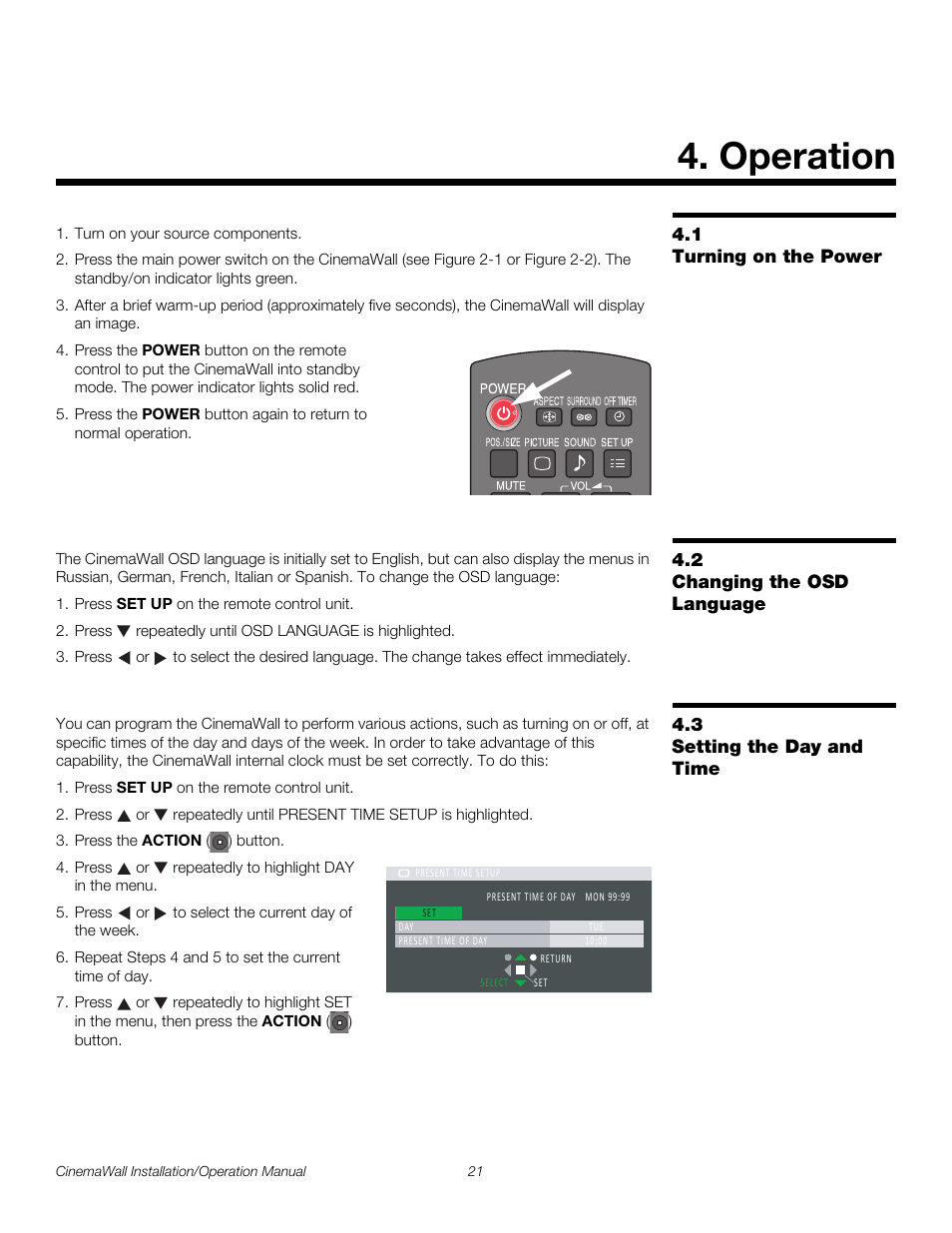 Operation, 1 turning on the power, 2 changing the osd language | 3 setting the day and time, Turning on the power, Changing the osd language, Setting the day and time, Pre l iminar y | Runco CINEMAWALL XP-OPAL65 User Manual | Page 35 / 86