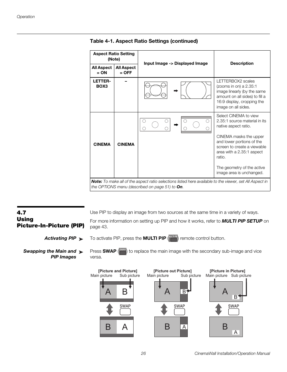 7 using picture-in-picture (pip), Activating pip, Swapping the main and pip images | Using picture-in-picture (pip), Pre l iminar y, A b a, B a b | Runco CINEMAWALL XP-OPAL65 User Manual | Page 40 / 86
