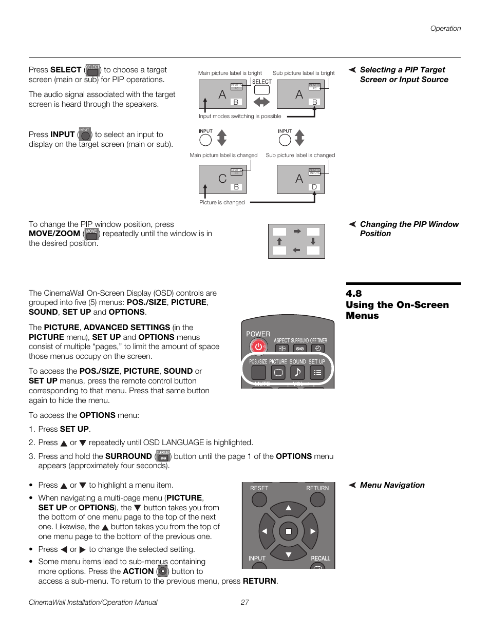 Selecting a pip target screen or input source, Changing the pip window position, 8 using the on-screen menus | Menu navigation, Using the on-screen menus, Pre l iminar y | Runco CINEMAWALL XP-OPAL65 User Manual | Page 41 / 86