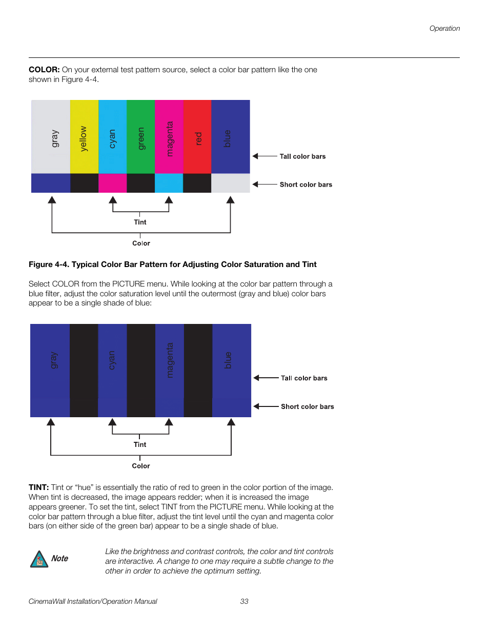 Color, Tint, Pre l iminar y | Runco CINEMAWALL XP-OPAL65 User Manual | Page 47 / 86