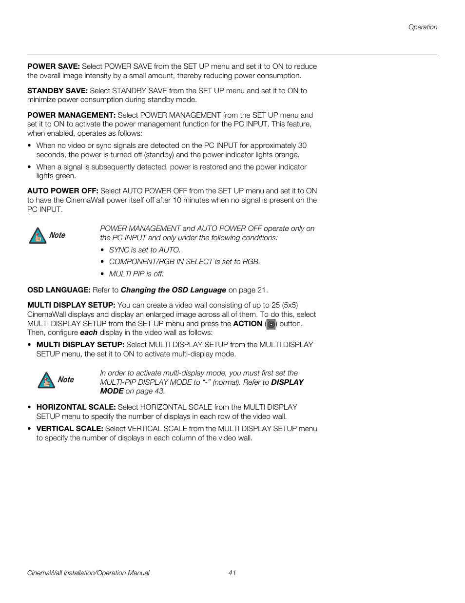 Power save, Standby save, Power management | Auto power off, Osd language, Multi display setup, Pre l iminar y | Runco CINEMAWALL XP-OPAL65 User Manual | Page 55 / 86