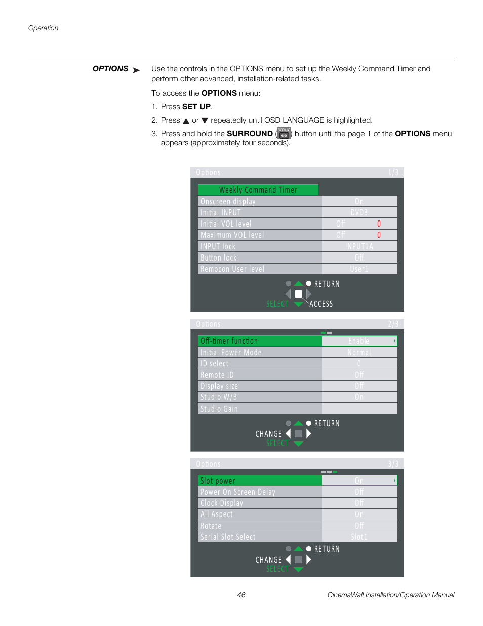 Options, Pre l iminar y | Runco CINEMAWALL XP-OPAL65 User Manual | Page 60 / 86