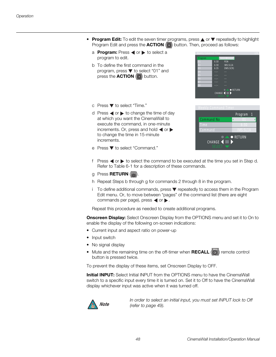 Onscreen display, Initial input, Pre l iminar y | Runco CINEMAWALL XP-OPAL65 User Manual | Page 62 / 86