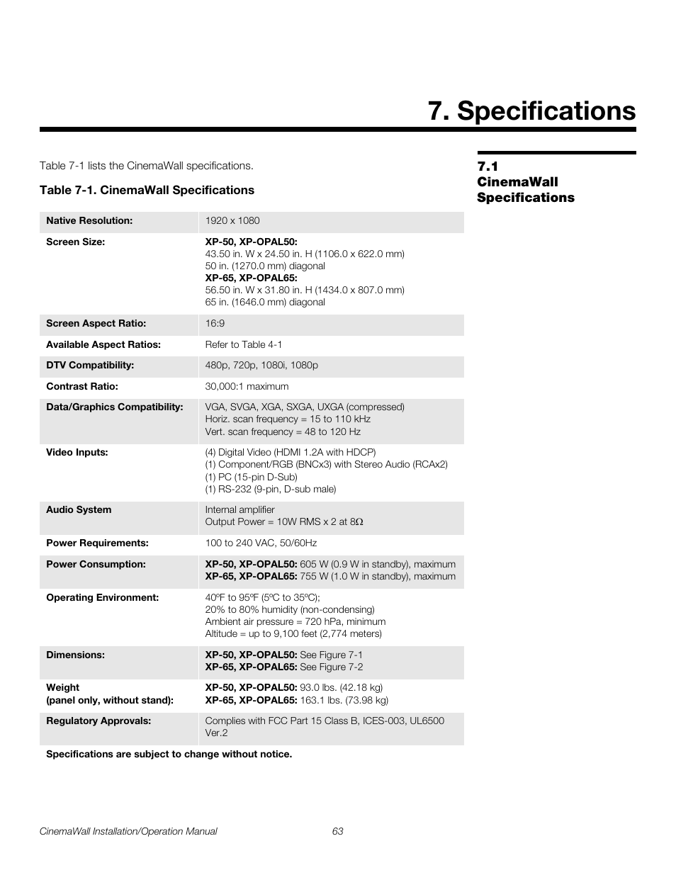 Specifications, 1 cinemawall specifications, Table 7-1 . cinemawall specifications | Cinemawall specifications, Pre l iminar y | Runco CINEMAWALL XP-OPAL65 User Manual | Page 77 / 86