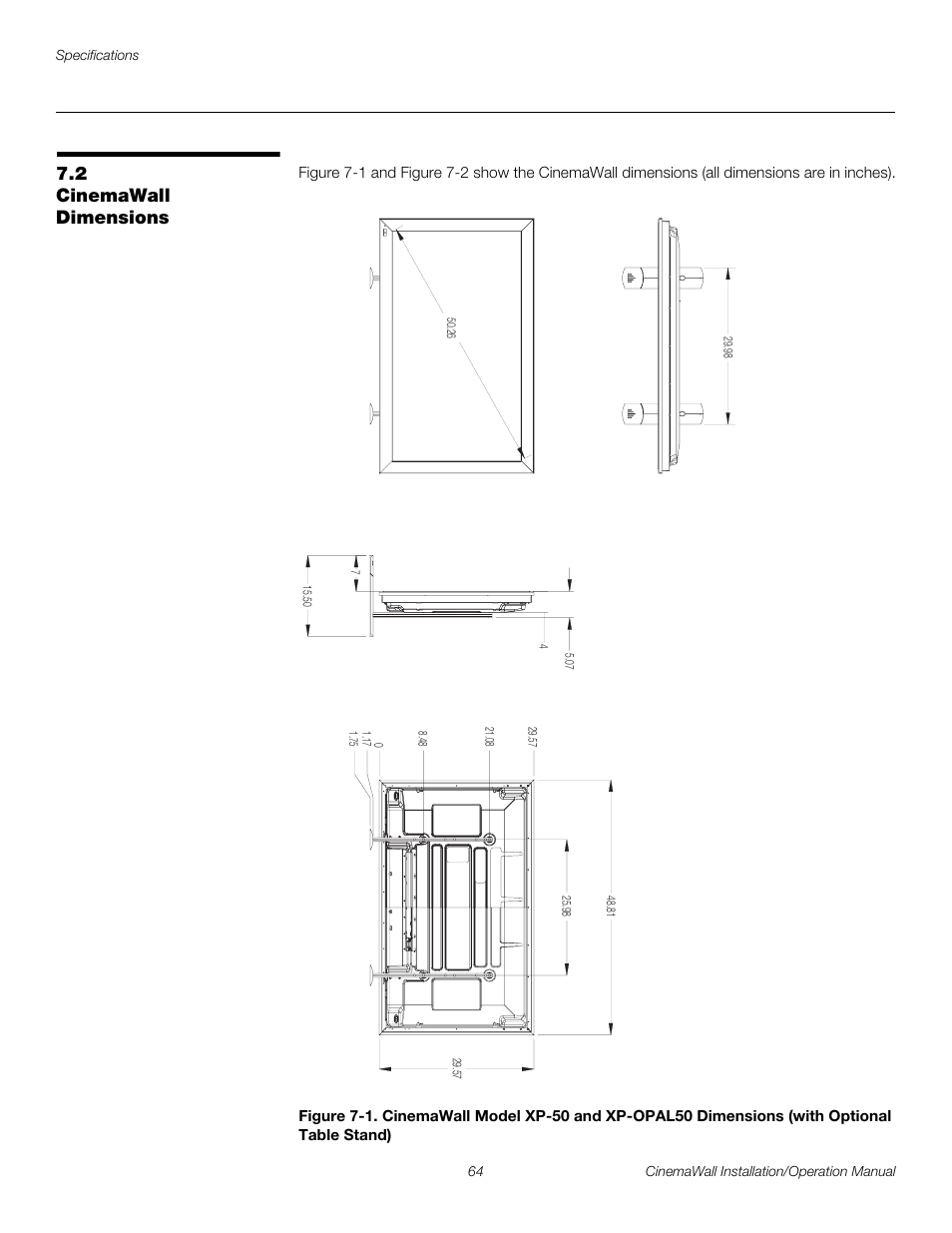 2 cinemawall dimensions, Cinemawall dimensions, See figure 7-1 | Pre l iminar y | Runco CINEMAWALL XP-OPAL65 User Manual | Page 78 / 86